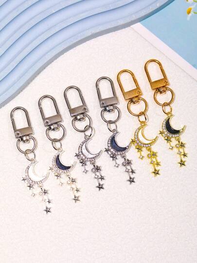 合金スパークルラインストーン 1/6個 月型キーホルダー ファッショナブル パーソナライズ ロマンチック 輝くメタルペンダント スマホ タブレット イヤホン Kindle ランヤード 装飾 誕生日プレゼント