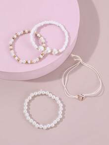 4 chiếc vòng tay cho bé gái, đính ngọc trai, hạt cườm, hoa và trái tim, phụ kiện hàng ngày. - trắng - Xem 3