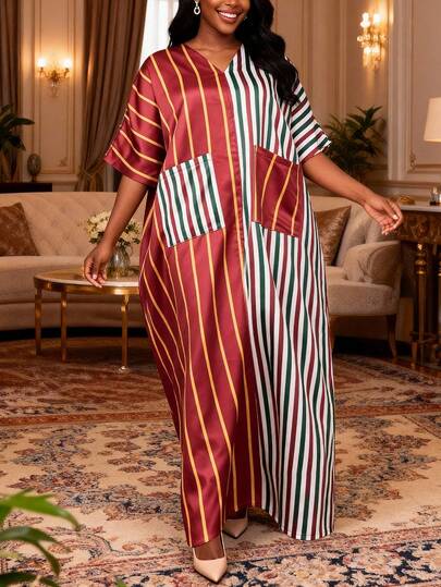 Women Print Striped Color Block Bubu Dress V Neck Loose Fit Batwing Sleeve With Pockets Modest African Church Dress Formal Occasions