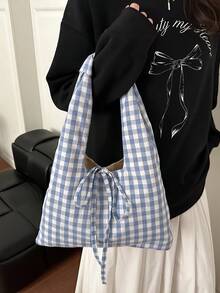 时尚甜美格纹高端简约包包，2026新款复古风女士大容量包 - 藍色 - 查看 3