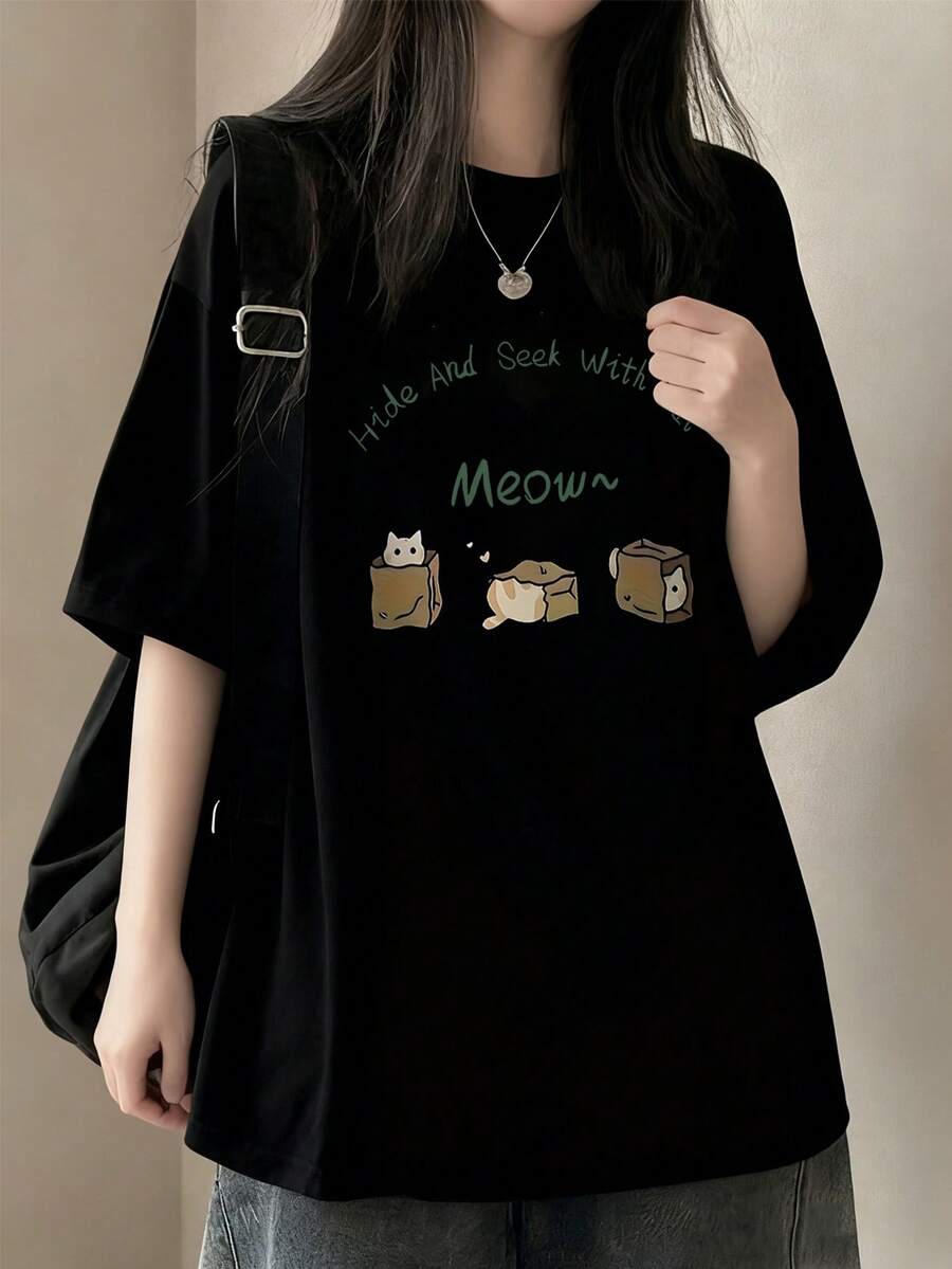 Women's Casual Loose Fit Round Neck Letter & Cartoon Print Short Sleeve T-Shirt, Spring/Summer - Black - View 1
