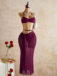 女士三件套沙滩装，浪漫无肩带比基尼套装，腰部镂空串珠链条设计网纱罩裙，适合海滩度假、泳装和休闲穿着，是海滩、泳池派对和夏季假日的理想之选。 - 紫色 - 查看 6