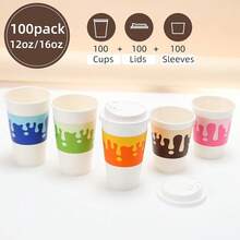 Tamone 100 PACK 12OZ Disposable Coffee Cups With Lids And Sleeves, 12OZ Paper Cups 5 Color To Go Coffee Cups With Lids Leak Proof, White Paper Cups For Cold/Hot Beverage Chocolate Cocoass For Home - Colorful - 查看 4
