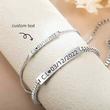 Personalized Custom Laser Engraved Name/Date Jewelry - Adjustable Box Chain Bracelet, Stainless Steel Bracelet, Suitable For Boyfriend, Girlfriend, Father, Mother, Best Friend, Birthday, Anniversary, Valentine's Day, Elegant Everyday And Special Occasion Jewelry, - Multicolored - View 2