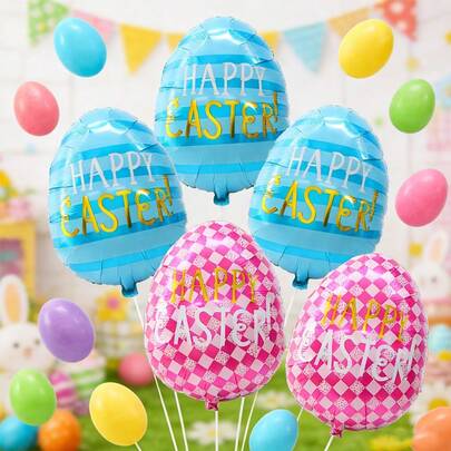 5pcs Easter Egg Design Foil Balloons Set, Printed With "Happy Easter", Great For Easter Indoor/Outdoor Party Decoration