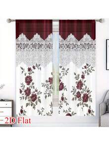 2D Flat, 2pcs Modern European Floral Curtains - Semi-Sheer Filtering Light Privacy Window Drapes With Burgundy Floral Pattern On White, Soft Textured Polyester Fabric, Light Filtering & Thermal Insulating Window Treatments For Living Room & Bedroom - Multicolor - View 4