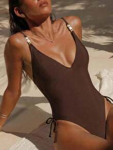 纯色优雅性感女士深V领交叉露背泳衣，高腰侧边抽绳设计，高弹面料，棕色，适合春夏海滩度假、游泳派对等场合穿着。 - 巧克力棕 - 查看 1