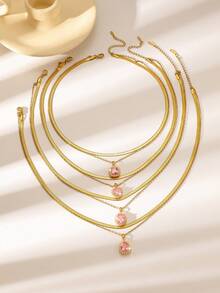 1pc Pink Elegant Heart-Shaped Water Drop Oval Copper Pendant Necklace, Stainless Steel Gold Double Layer Necklace, Sparkling Cubic Zirconia Decoration, Suitable For Girls And Women Daily Wear, Dating, Holiday, Valentine's Day Gift - Gold - View 4