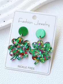 1 Pair St. Patrick's Day Green Acrylic Bling Bling Glitter Clover Earrings, Minimalist Vintage Exaggerated Earrings, Holiday Party Gift - Kim sa hình cỏ ba lá - Xem 6