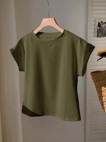 2026 SUMMER TopComfortcana Women's Casual Coffee Brown Round Neck Short Sleeve T-Shirt, SummerLoose And Comfortableshirt - 軍綠色 - 查看 3