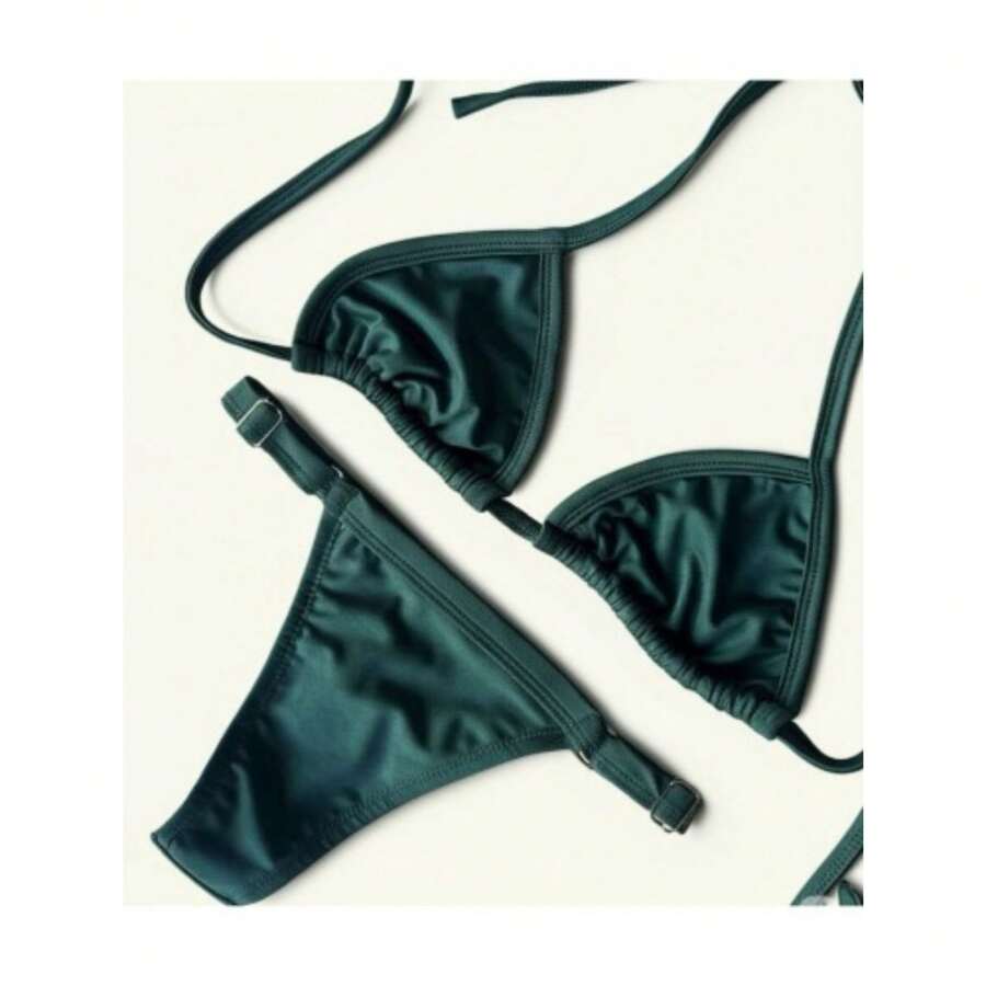 Adjustable String Bikini, Sexy And Elegant, Women's Summer Fashion, Beach, Casual, Cute, Elegant, Sensual, Coated Fabric. Bikini For Beach, Holidays, Vacation, Summer. - 苔蘚+苔蘚 - 查看 1