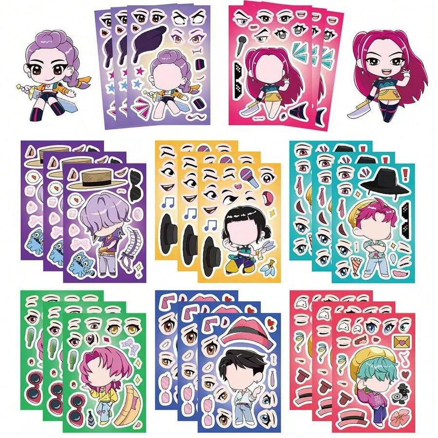 Sega Bộ 8 miếng dán hình ghép khuôn mặt cô gái phép thuật K-Pop Hunter Gang - Hình dán DIY phong cách Anime | Phụ kiện chơi game tuân thủ REACH! Quà tặng năm mới, quà tặng ngày Valentine, quà tặng lễ Phục sinh! (Kiểu ngẫu nhiên) - Nhiều màu - Xem 1
