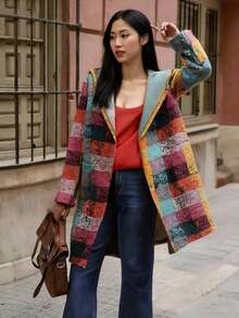大码女装秋冬长袖口袋不对称格纹印花连帽开襟外套，彩色格纹波西米亚风时尚休闲街头风春季外套 - 紫色 - 查看 9