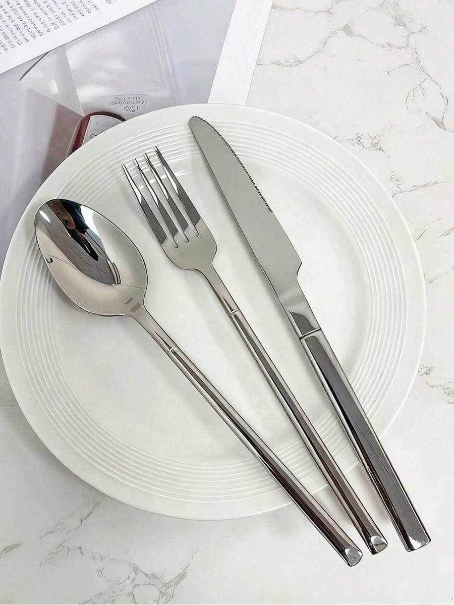 3pcs/12pcs Stainless Steel Cutlery Set, Steak Knife Fork Spoon, Suitable For Kitchen, Restaurant, Wedding, Party, Holiday Gift - Silver - View 1