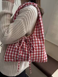 Bolso de hombro a cuadros de moda retro, nuevo bolso de mano casual personalizado de gran capacidad - Rojo - Ver 7