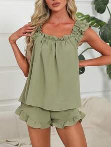 Women's Summer Lounge Set Ruffle Shoulder Strap Tank Tops Drawstring Shorts Sleepwear Sets - màu xanh lá - Xem 1