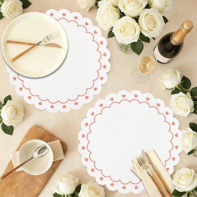 2pcs/4pcs/6pcs/8pcs Pink Heart Pattern Happy Holiday Kitchen Dining Table Mats, Round Placemats, Seasonal Home Decor, 13.7" X 13.7", Round Design, Holiday Decor, Thick Linen Material