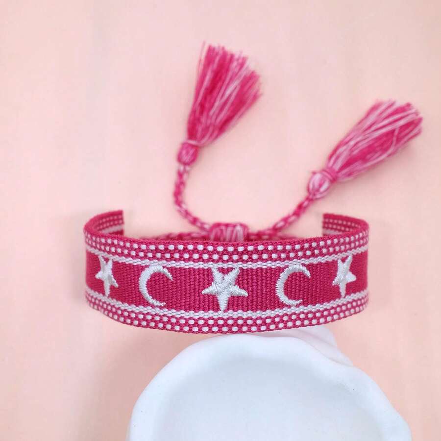 1pc Handmade Embroidered Pentagram Bracelet - Hot Pink - View 1