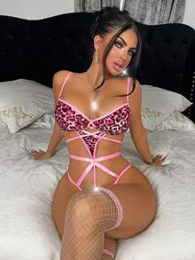 New Sexy Women's Lingerie With Metal Chain Collar, Triangle Cup, Adjustable Straps, Multi-Hook Closure, Jumpsuit With Tie Front, Fashionable Sexy Teddy Bear - Pink - View 4