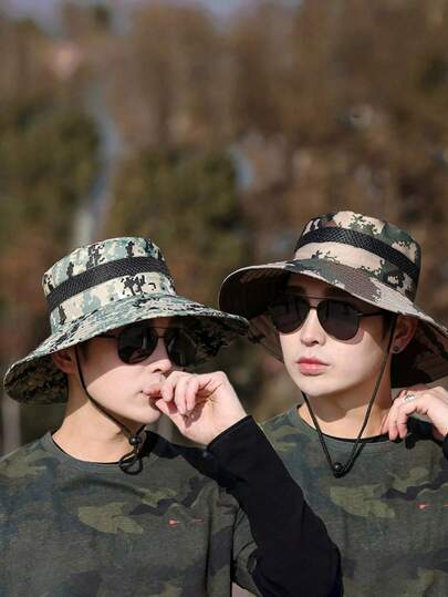 1pc Casual Camouflage Pattern Men's Bucket Hat, Outdoor Sun Protection Hat For Travel, Hiking, Fishing, Cowboy Hat, Lightweight And Foldable Sun Hat With Adjustable Drawstring Design