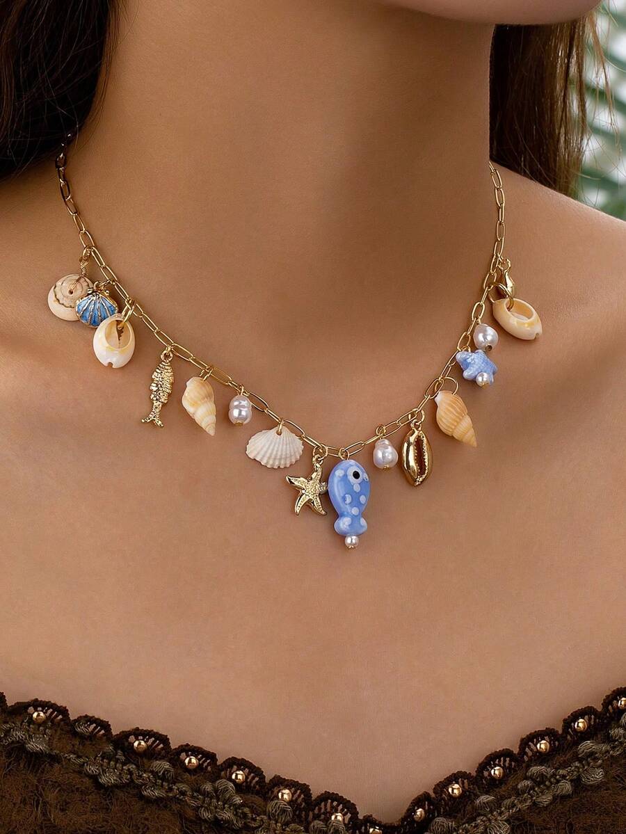 1件波西米亚风海滩度假多吊坠星星项链 - 波希米亞小魚吊墜項鍊 - 查看 1