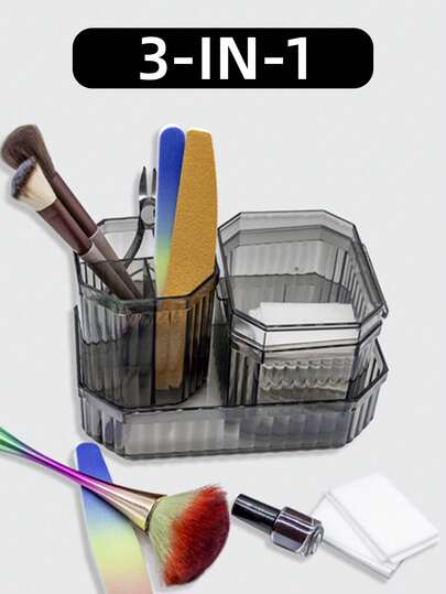 3-In-I Large-Capacity Nail Art Storage Container, 3-Compartment Nail Brush Storage Cup, Vintage Nail Storage Rack, Suitable For Dressing Tables, Bathroom Countertops, And Desktop Storage, Acrylic Cosmetic Display Box