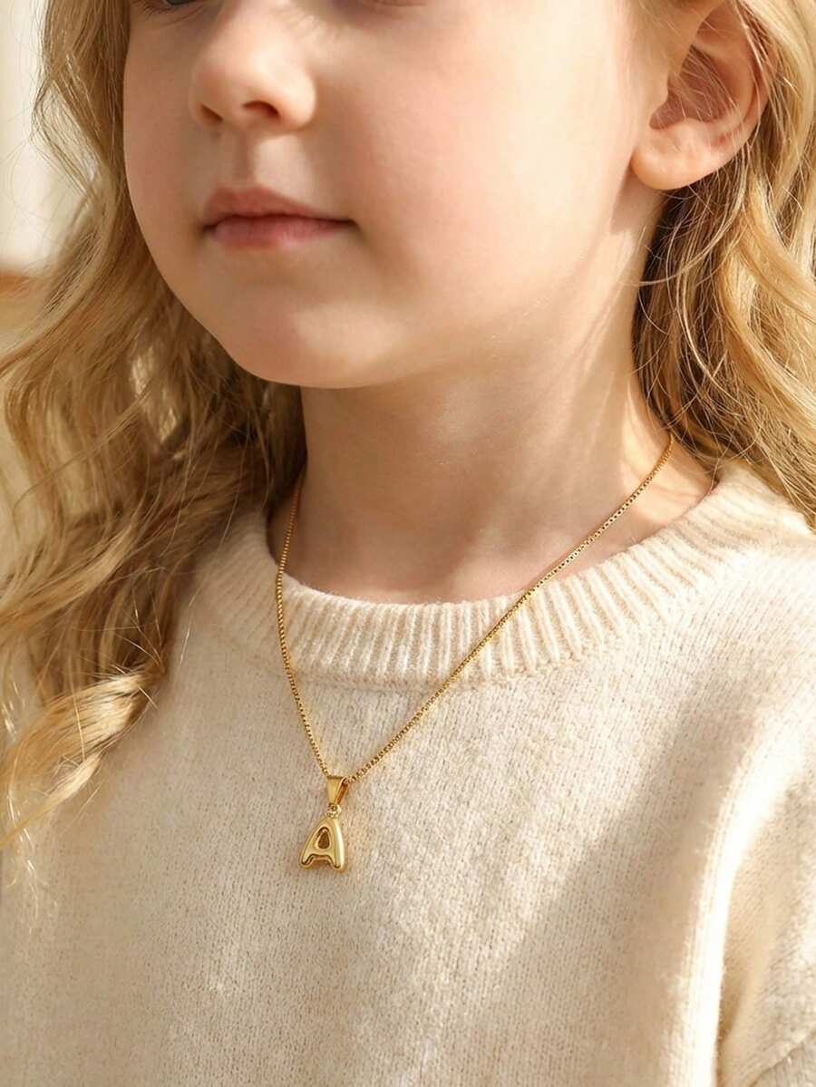1件简约粗线气球字母吊坠不锈钢项链，适合儿童，可定制A-Z名字，泡泡字母项链，周年纪念日生日礼物及日常佩戴 - 金色 - 查看 1
