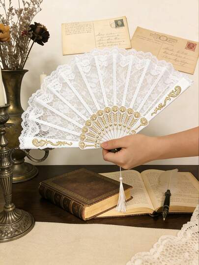 一套新款中式蕾丝折扇，带流苏，优雅黑白手扇，适合搭配旗袍、汉服、洛丽塔服饰，复古装饰扇，适用于婚礼、派对、角色扮演、摄影，夏季降温配件及女士生日礼物