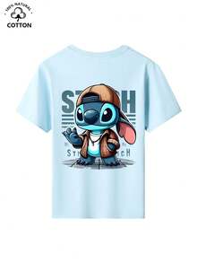 100% Cotton Short-Sleeve T-Shirt For Boys Aged 3–12, A New Summer Style Featuring A Stitch Theme! The Front Is Adorned With A Cute Mini Stitch Print, While The Back Features A Large, Stylish Hooded Stitch With Black Lettering. Stitch Is Dressed In A Brown Plaid Jacket Over A White Top And A Silver Necklace, And Waves With One Hand. The Background Is Decorated With Dark Gray "STITCH" Lettering And Lines, Creating An Eye-Catching And Playful Design. This Classic Crew Neck Pullover Is Crafted From Soft, Durable, Comfortable 100% Cotton, Offering Excellent Breathability And Sweat-Wicking Performance. It Is Available In All Kids' Sizes, Pairing Well With Wide-Leg Jeans, Cargo Shorts, Sweatpants, Or Athletic Joggers. Perfect For Various Occasions Such As Disneyland Visits, Family Outings, School, And Outdoor Parties, It Is A Fun, Versatile, And Highly Stylish Children's Top That Is Sure To Turn Heads. - Baby Blue - View 5