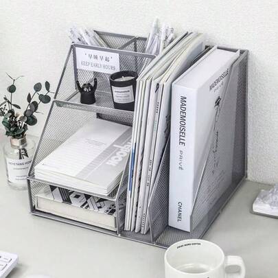 オールインワンメッシュワークスペースオーガナイザー - 3段レタートレイ、フォルダホルダー、ペンホルダー2個付き、オープンコンパートメント - コンパクトデスクトップオーガナイザー、オフィス・小規模ビジネス向け - 耐久性メッシュファイルオーガナイザー（ブラック）