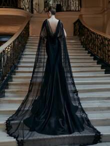 Black Bridal Cape Veil Pearl Beaded Wedding Veil Lace Edge Bolero Jacket Women Shawl Bride Accessories Wedding Coat - Multicolor - View 2