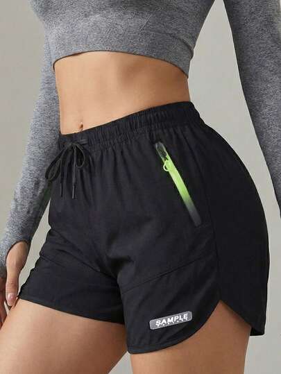 Quần short thể thao nữ mùa hè dáng rộng, cạp chun, có túi khóa kéo, chi tiết neon, nhanh khô, thích hợp cho chạy bộ và tập gym.