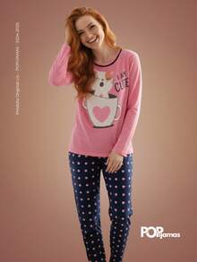Women's Long Blogger Pajama Set - Warm, Soft Touch, Maximum Comfort For Sleeping In Cold Weather - Hồng - Xem 3