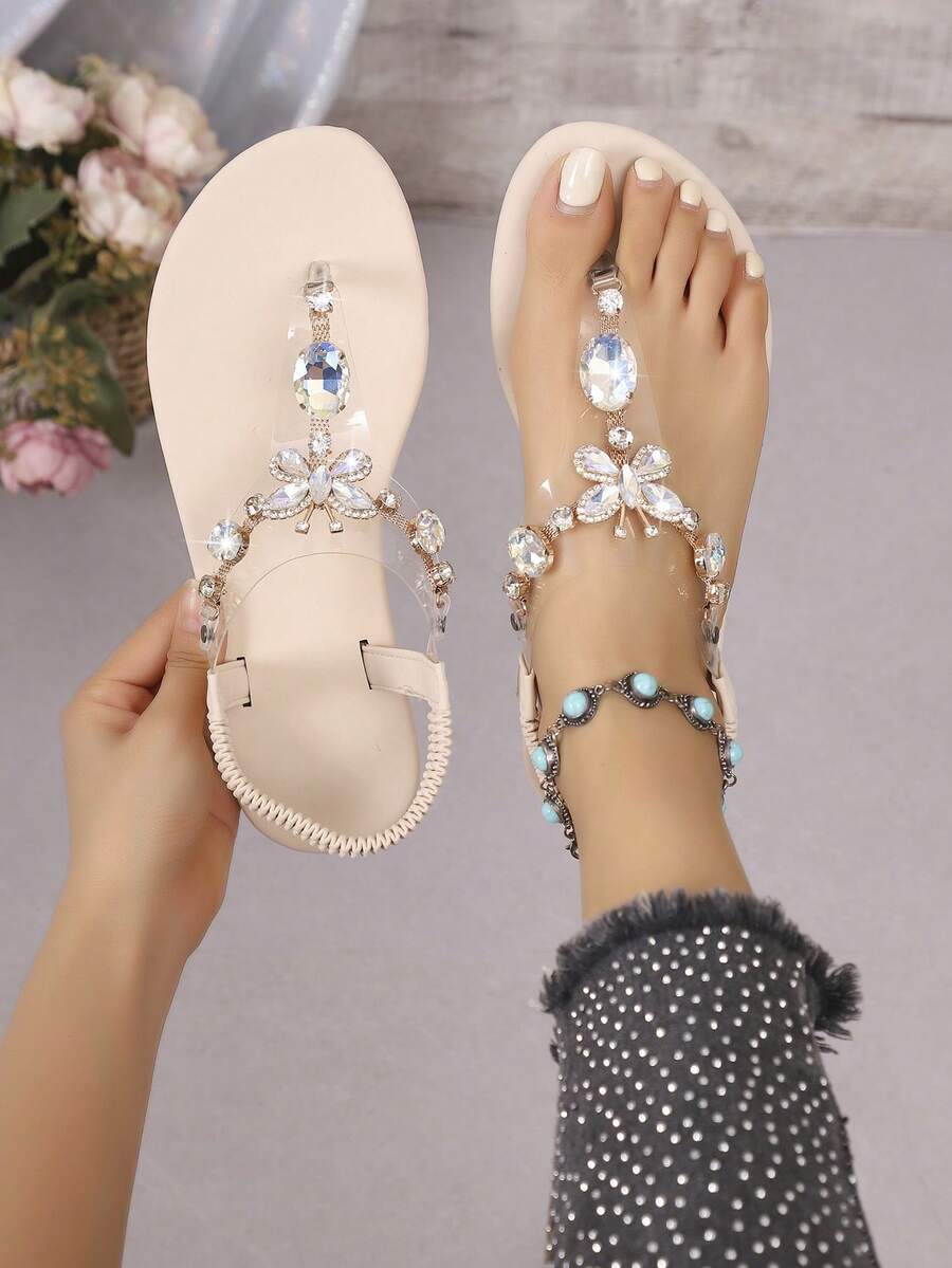 Rhinestone Embellished Flat Sandals, Suitable For Summer Dresses, Beach And Roman Style - Off White - View 1