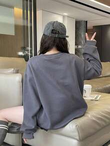 女士休闲宽松圆领长袖棉质运动衫，适合学生、日常穿着、通勤、返校、秋冬季 - 黑灰色 - 查看 2