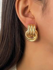 2 piezas Pendientes de aro de bola con rayas multicapa de metal minimalista y retro de lujo, conjunto de pendientes personalizados y elegantes, adecuados para el uso diario y versátil - Amarillo Oro - Ver 6