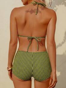 wohenmeili Bộ bikini buộc dây cổ kiểu Bohemian, bikini co giãn cao cấp, áo bơi tam giác buộc dây và quần lọt khe nhún bèo buộc dây bên hông dành cho nữ, đồ đi biển, đồ bơi nữ chất liệu kẻ caro đặc biệt cho kỳ nghỉ hè. - caro vàng đen - Xem 10