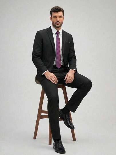 Officeau Costum bărbătesc (jachetă + pantaloni), culoare solidă, casual, business, ținută de birou, costum de mire, costum la modă slim fit, mărime plus, primăvară-vară