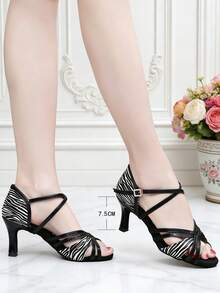 Girls Fashion Zebra Pattern High Heels Latin Dance Shoes Rhinestone Ballroom Dance Shoes Salsa Performance Ballroom Dance Sandals Party Dance Shoes - Black - View 3
