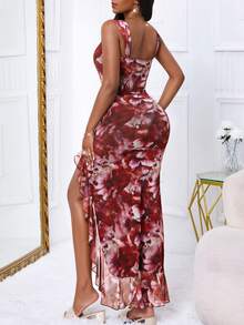 Women's Sexy Retro Elegant Asymmetrical Vacation Date Party Double Layer Lace Print Dress - Multicolor - View 3