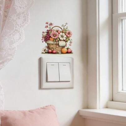 1/4pcs Easter Self-Adhesive Wall Sticker, Removable Waterproof PVC, Featuring A Cute Rabbit And Squirrel Holding A Peach Blossom Branch. Perfect For Light Switch In Living Room, Bedroom.