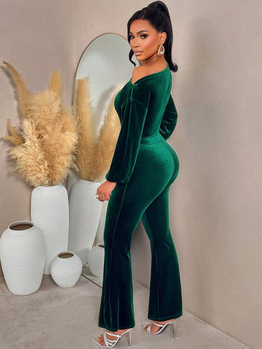 AIJ Salopetă Amarilo verde închis, cu mânecă lungă, talie încrețită, cataramă metalică, pantaloni evazați, din catifea, casual elegantă, potrivită pentru Crăciun, Anul Nou și toamna/iarna, ținute de primăvară - imagine 2