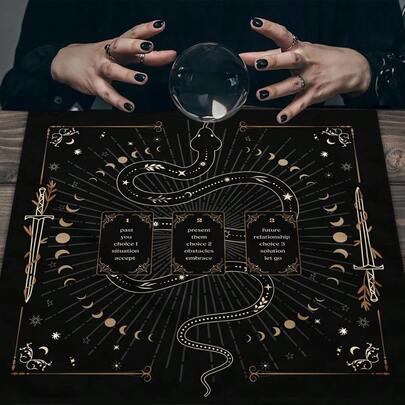 1件装派对游戏及活动神秘蛇与水晶设计塔罗牌桌布花卉月相祭坛布棋盘游戏占卜复古占星神谕卡垫游戏家居装饰 - 适合塔罗牌占卜的巫术布