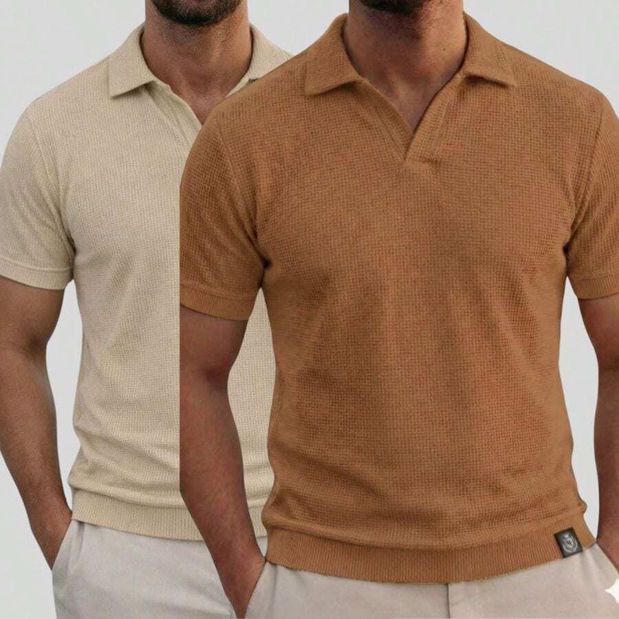 Kit Of 2 Italian Textured Polo Shirts Without Buttons, Slim Sleeves. - Beige and Caramel - View 1