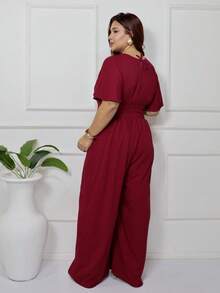 Women's Plus Size Plain Long Jumpsuit, Wide Leg, Short Sleeve, V-Neck, Ruched Front, Comfortable - 紅木色 - 查看 7