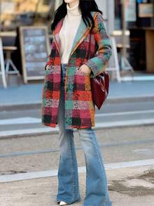 大码女装秋冬长袖口袋不对称格纹印花连帽开襟外套，彩色格纹波西米亚风时尚休闲街头风春季外套 - 紫色 - 查看 7