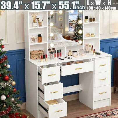 Makeup Vanity With Mirror And 10 LED Lights, Dressing Table With 7 Drawers - Dressing Table Vanity Makeup Desk With 10 LED Lights Openable Mirror & 7 Drawers - Makeup Desk Vanity Table Set With LED Openable Mirror