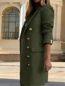 Abrigo cortavientos de lana ligera y doble botonadura de manga larga para mujer, otoño/invierno - Verde militar - Ver 3