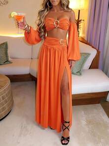 Vestido naranja elegante de hombros descubiertos para mujer, diseño de cintura hueca y abertura alta, adecuado para la playa, vacaciones y viajes en primavera y verano - Naranja - Ver 8