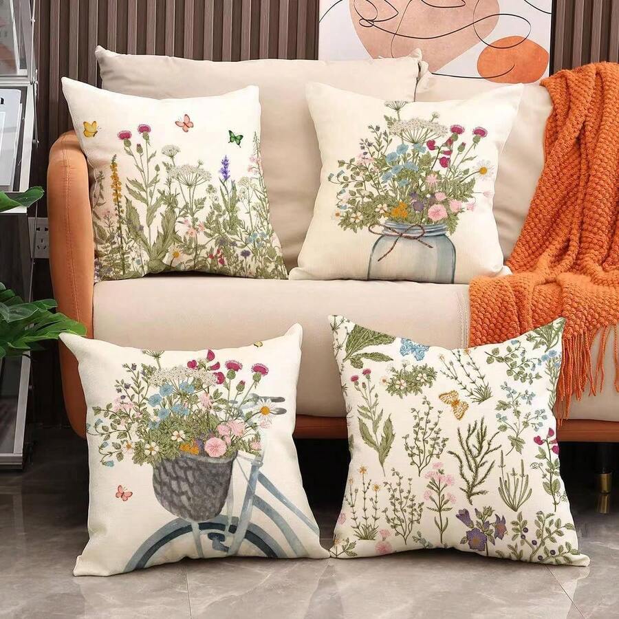 4 PIEZAS Funda de almohada de primavera con diseño de plantas verdes y flores, funda decorativa cuadrada de lino con estilo rústico para cojín de sofá y cama de uso doméstico, de un solo lado, sin incluir la almohada - Verde Pastel - Ver 1
